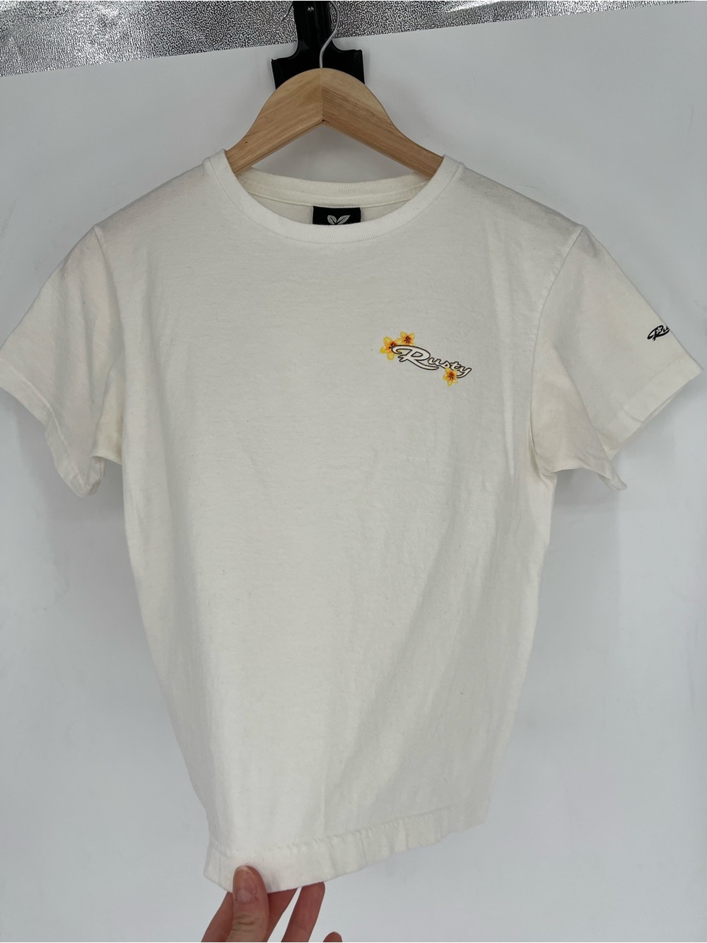 Vintage Rusty Cream Short Sleeve Tee Sunflower Logo Surf Graphic y2k 90s crop - Picture 2 of 10
